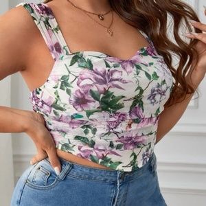 Floral print mesh tank top cami crop top womens